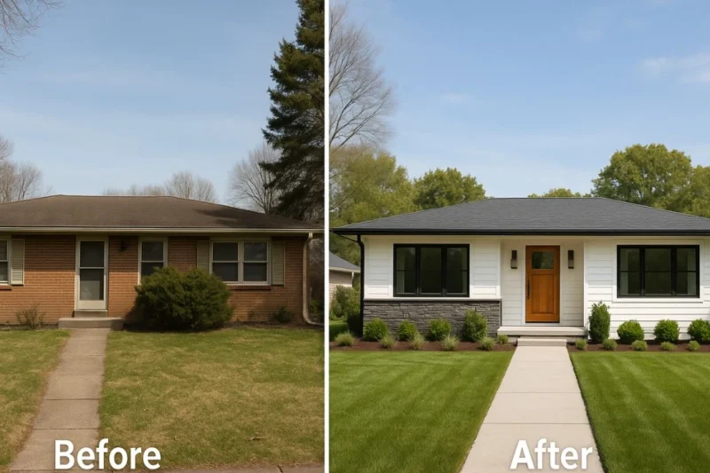 before and after 1960s ranch house exterior remodel