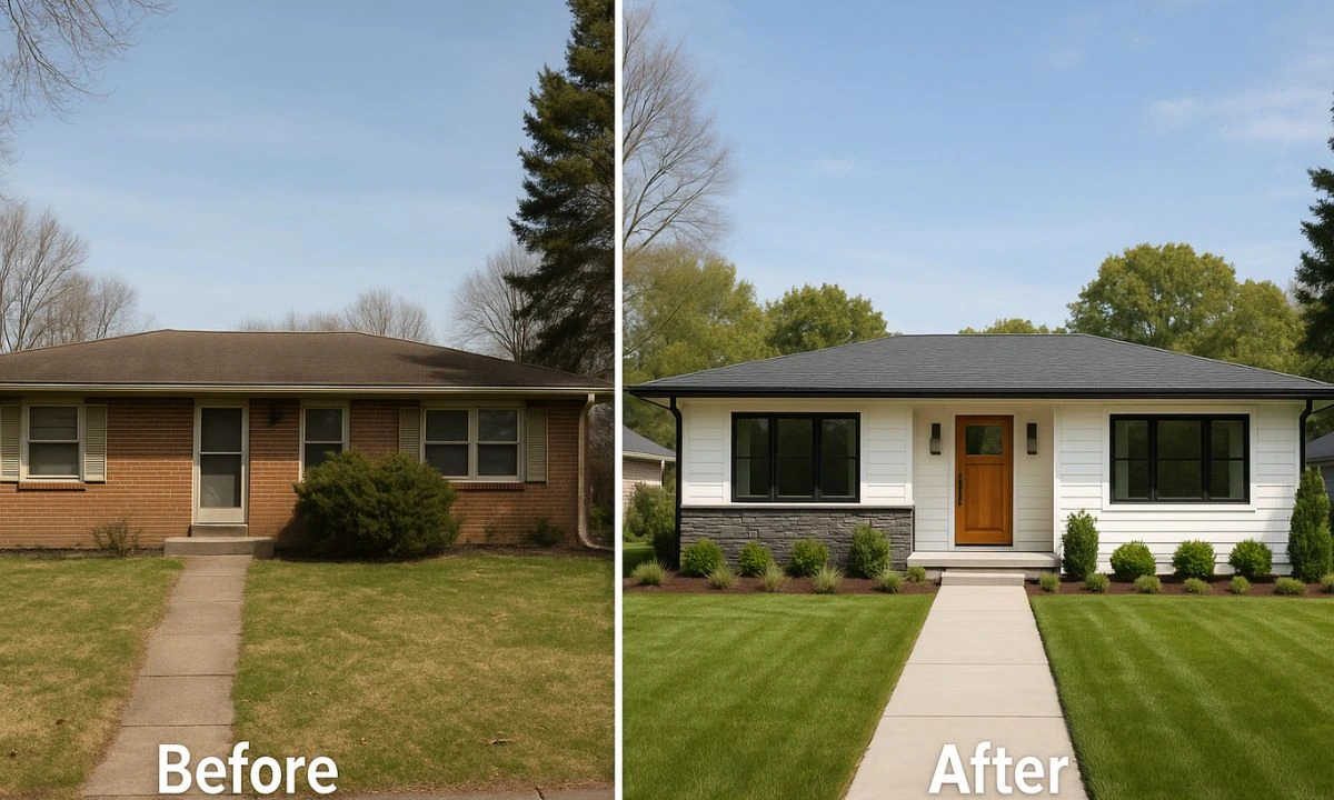 before and after 1960s ranch house exterior remodel