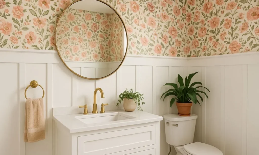 bathroom with board and batten and wallpaper bathroom with board and batten and wallpaper